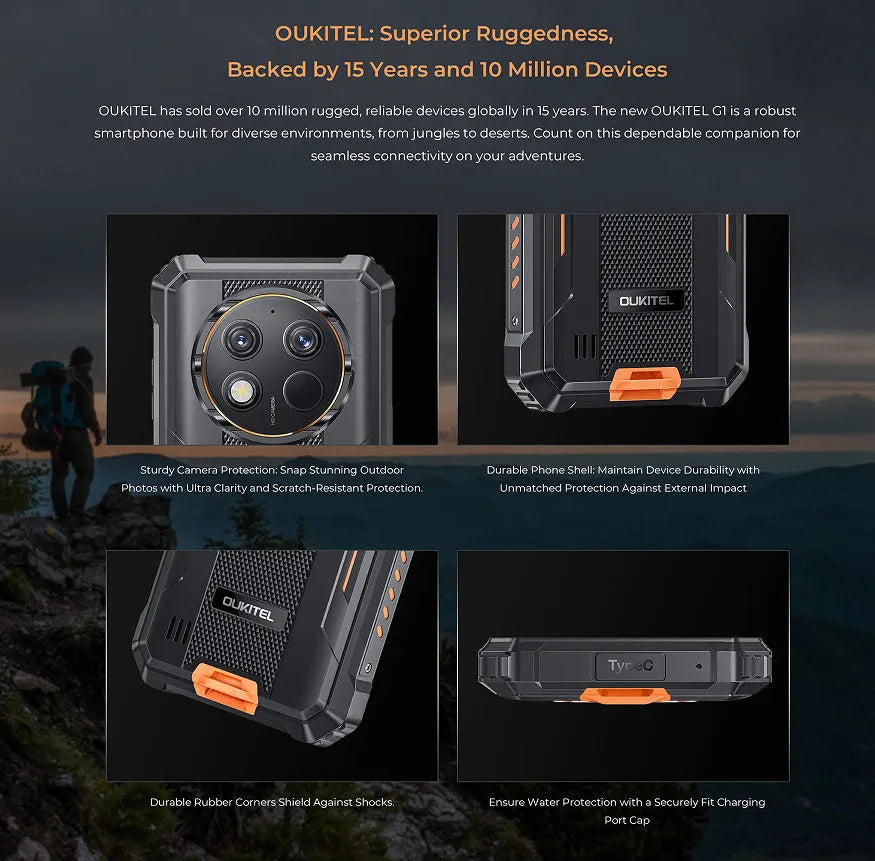OUKITEL G1 mobile phone in grey, green, and orange colour options with included charger.