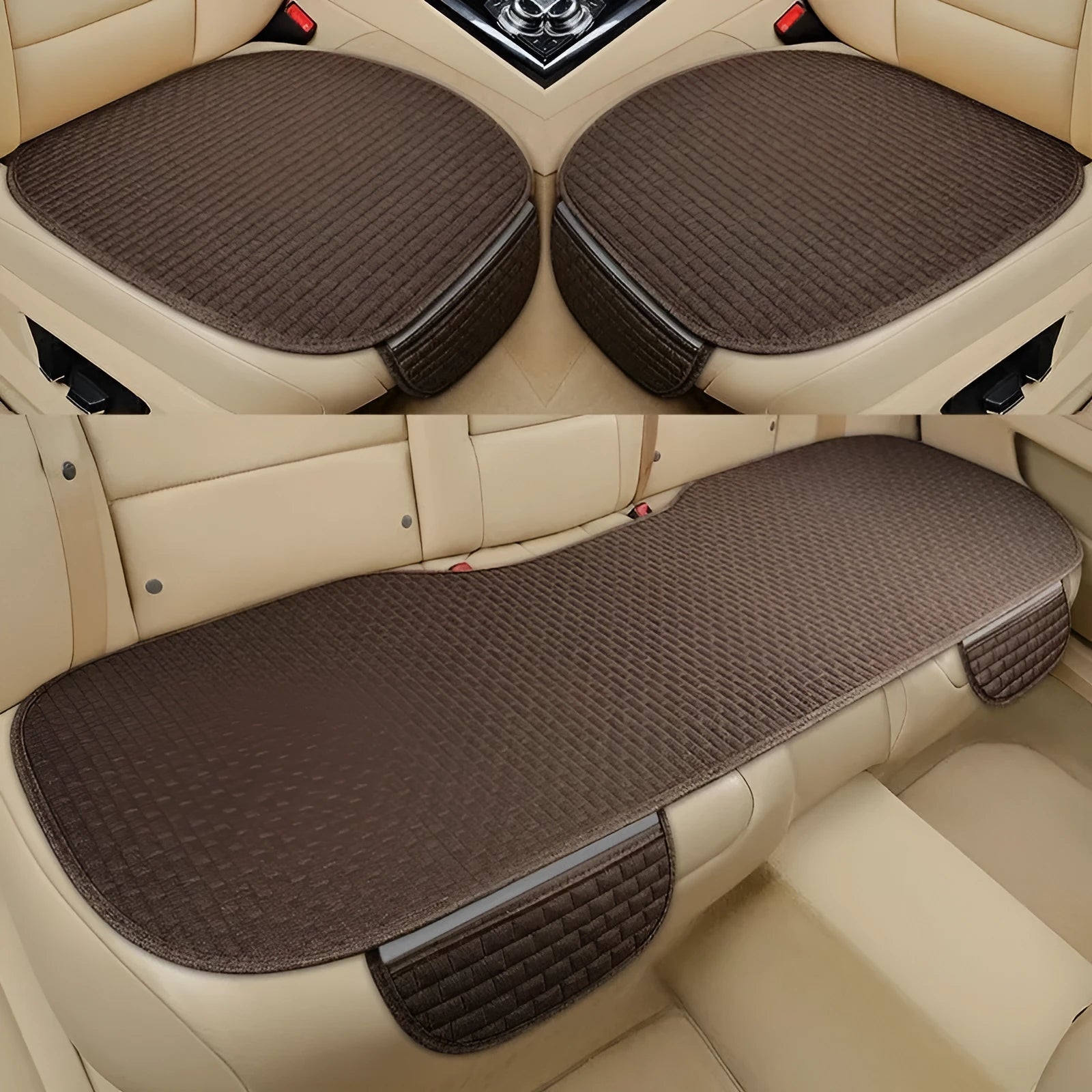 Linen car cushion set in plaid pattern with hemming style edges shown in classic black and red colour option