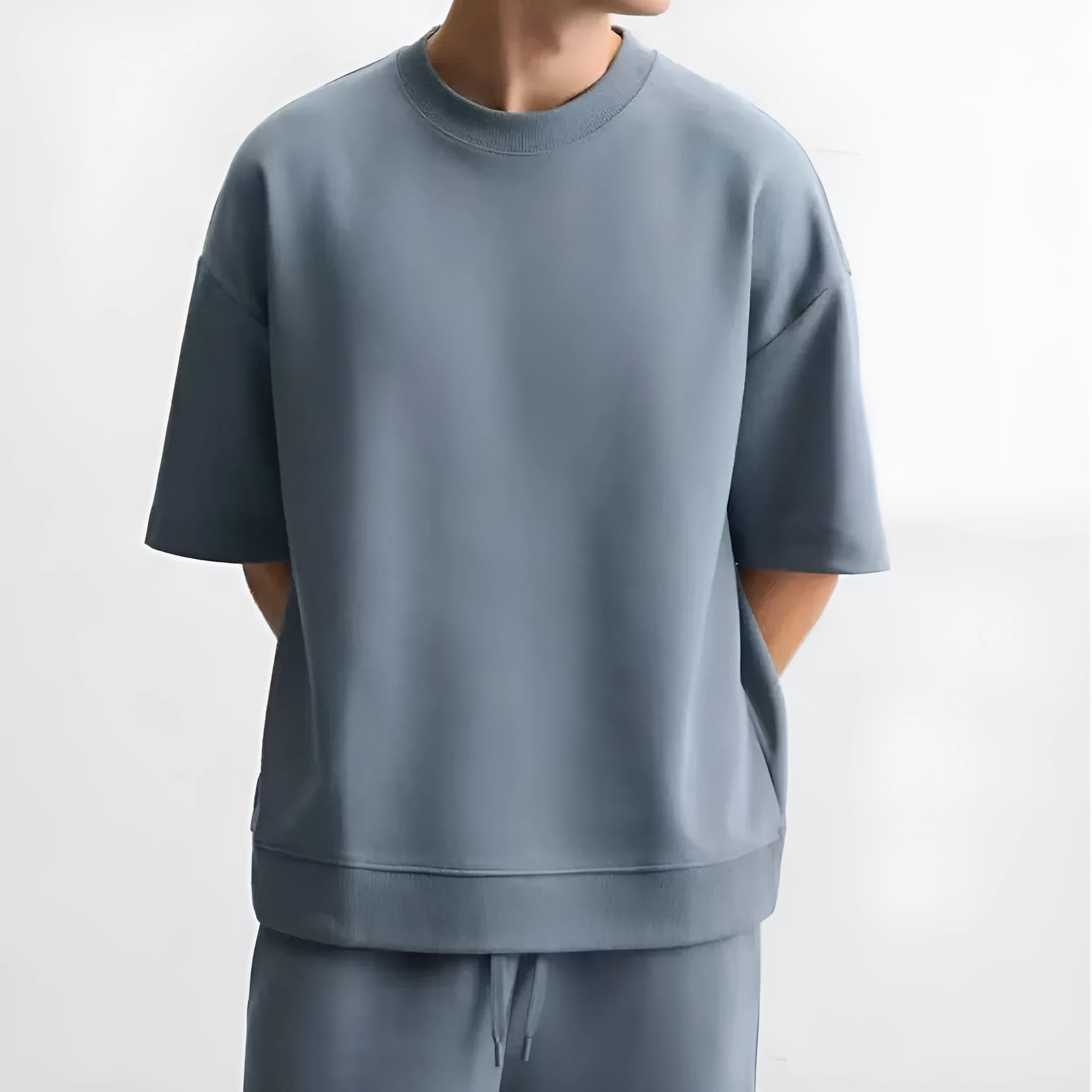 Loose double-sided texture polyester t-shirt and shorts set in blue colour