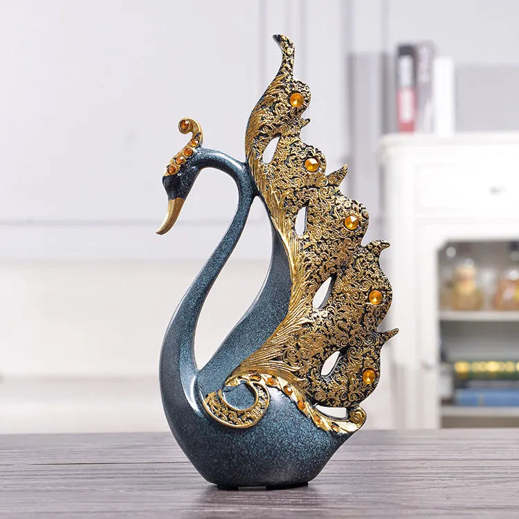 Resin couple swan decoration figurine set large 16x8x29cm small 14x6x24cm blue and gold