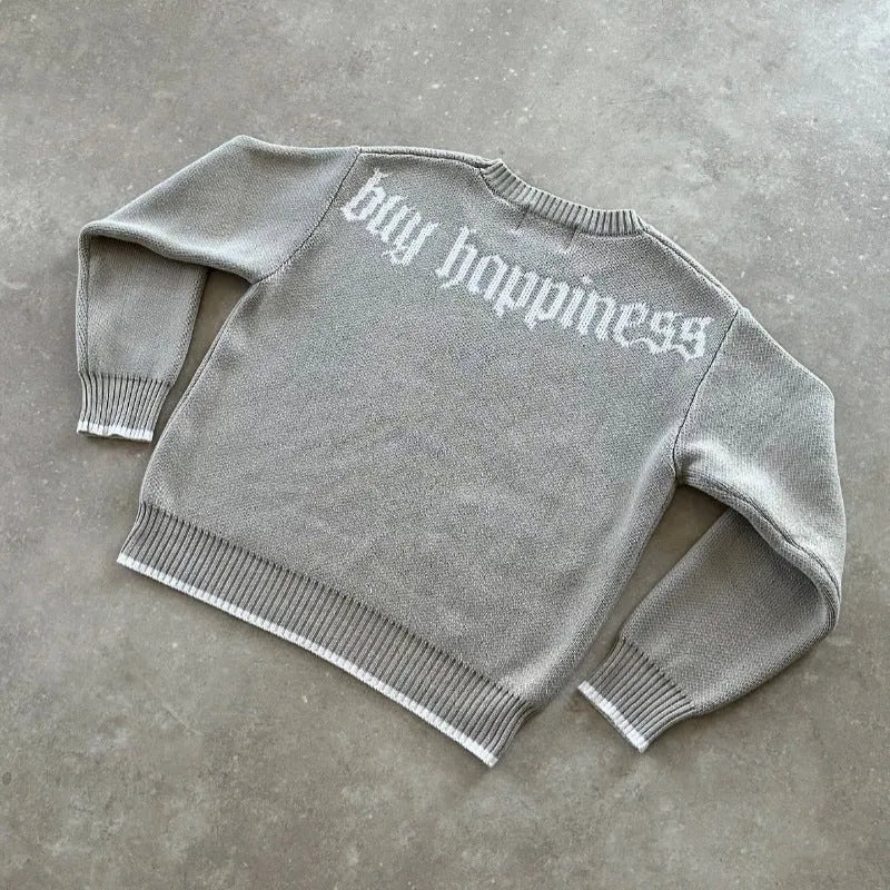 Grey jacquard loose-fitting knitwear coat with long sleeves for autumn winter wear