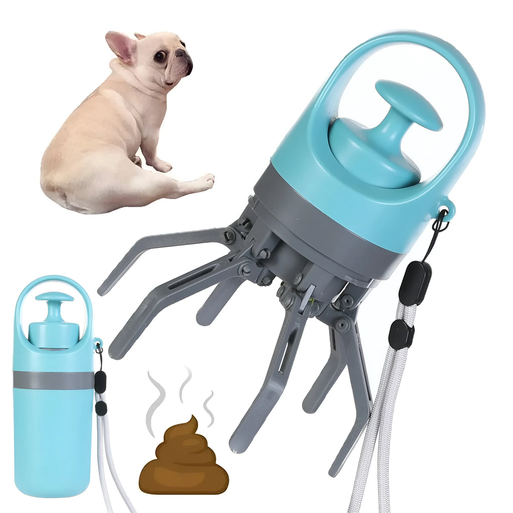 Blue portable dog pooper scooper with eight-claw mechanism and built-in bag dispenser