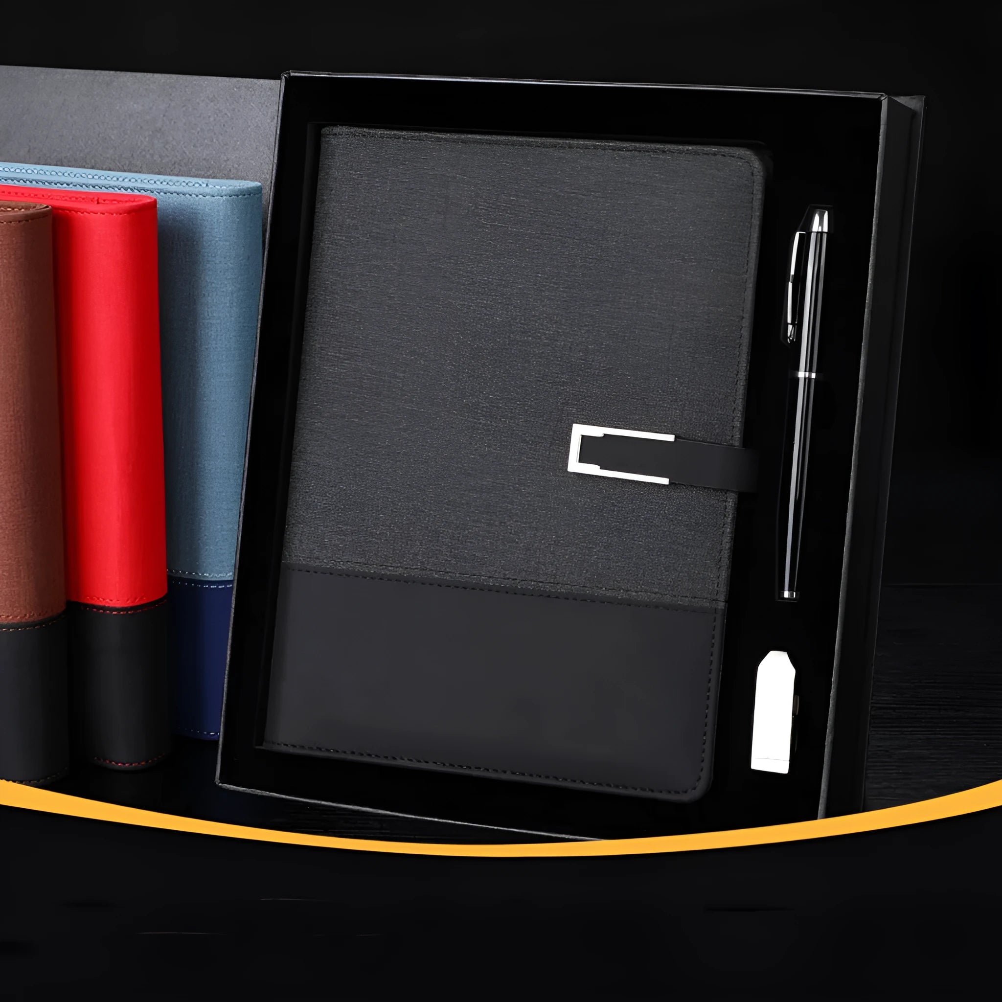 A5 soft PU leather notebook in brown, open on wood-free paper pages.
