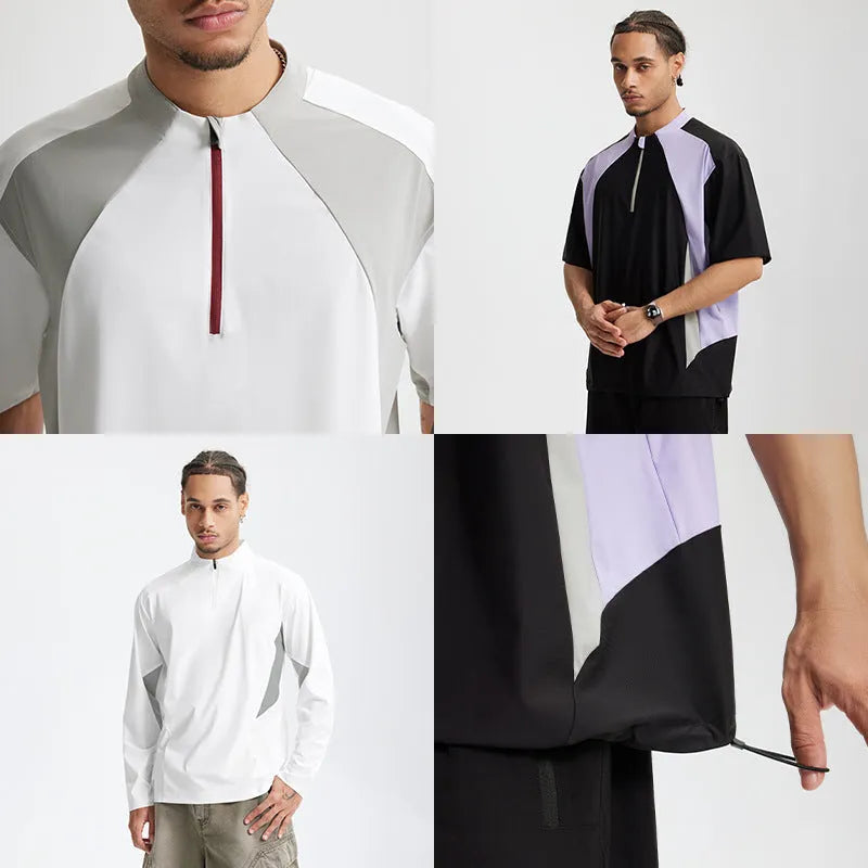 Men's lightweight polyester shirt in black and beige colours showing both long sleeve and short sleeve versions