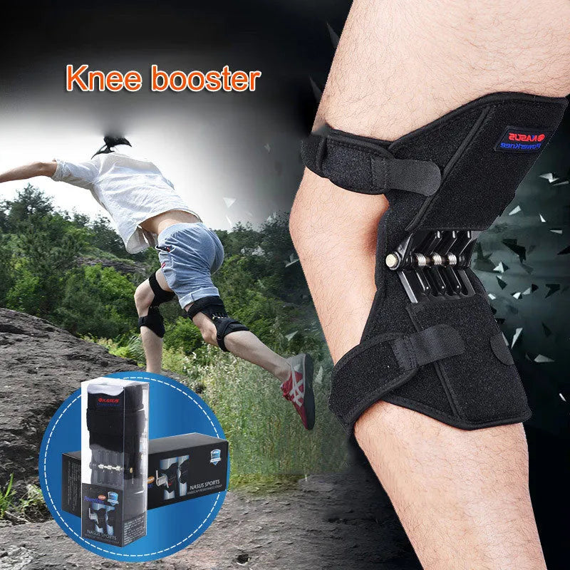 Black knee booster pair with carbon steel spring, adjustable Velcro straps, mesh ventilation and non-slip fabric, 29.5 x 28 x 27 cm
