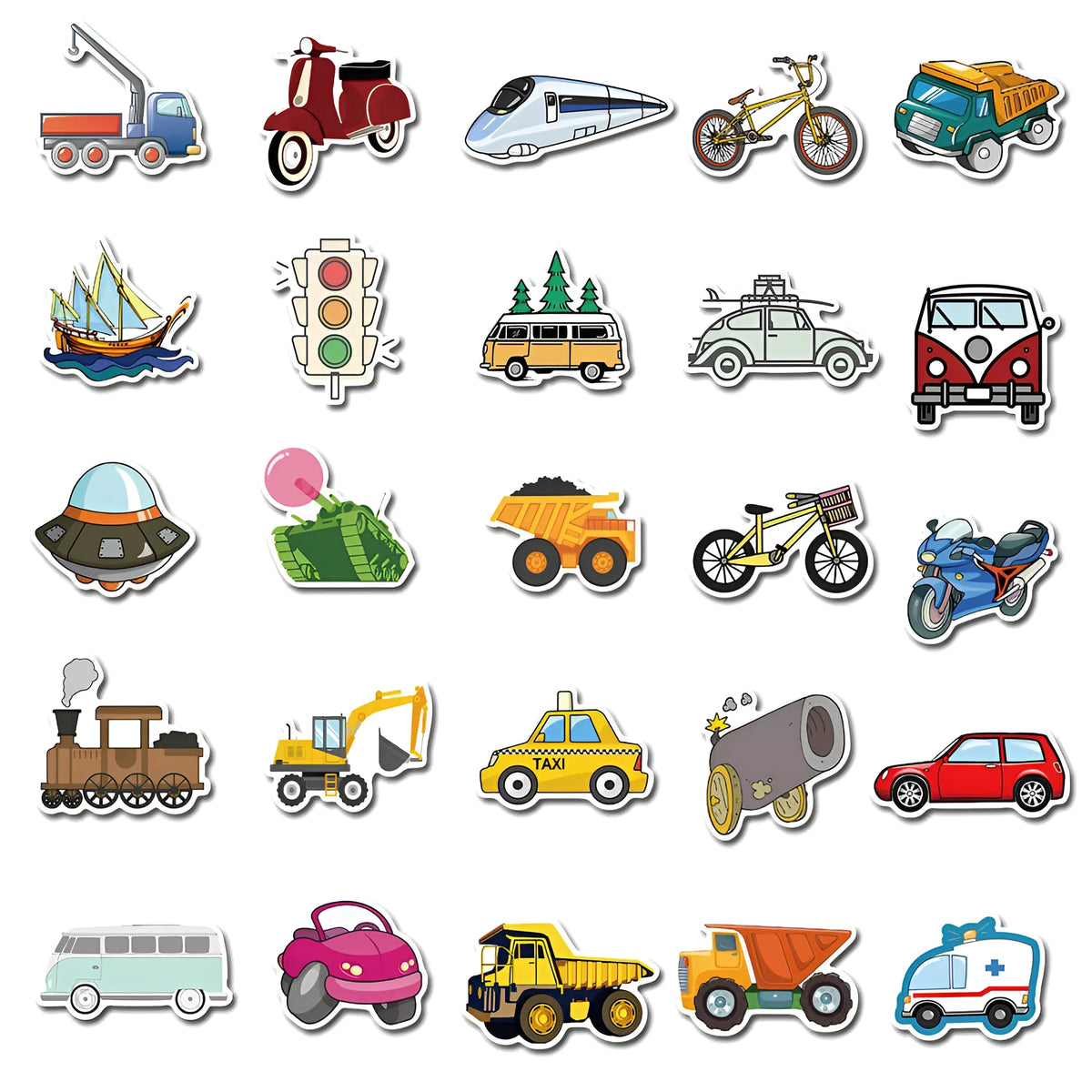 Set of cartoon vehicle graffiti stickers including an excavator, size 4-6cm, waterproof adhesive