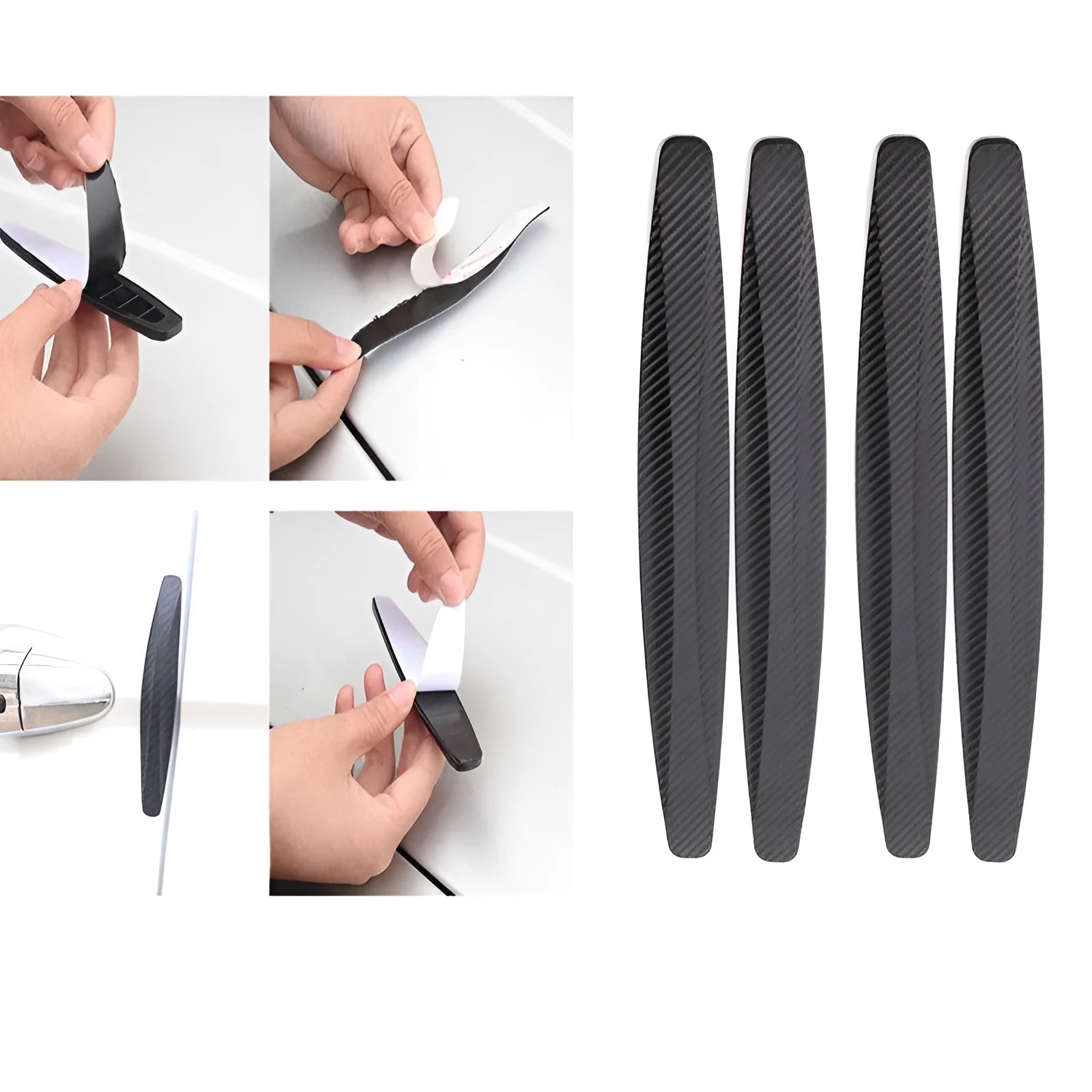 Black carbon fibre car door bumper anti-collision strip 140x25mm with reverse double-sided tape on vehicle door edge