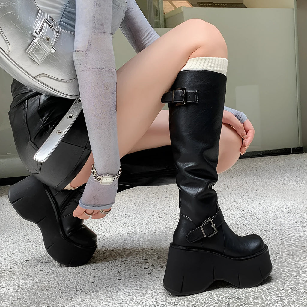 Women's black tall knight boots with chunky heel, round toe, and front lace-up closure