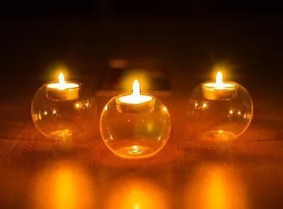 Handmade round hollow glass candle bowl in European style, shown in 8cm, 10cm, and 12cm diameter options.