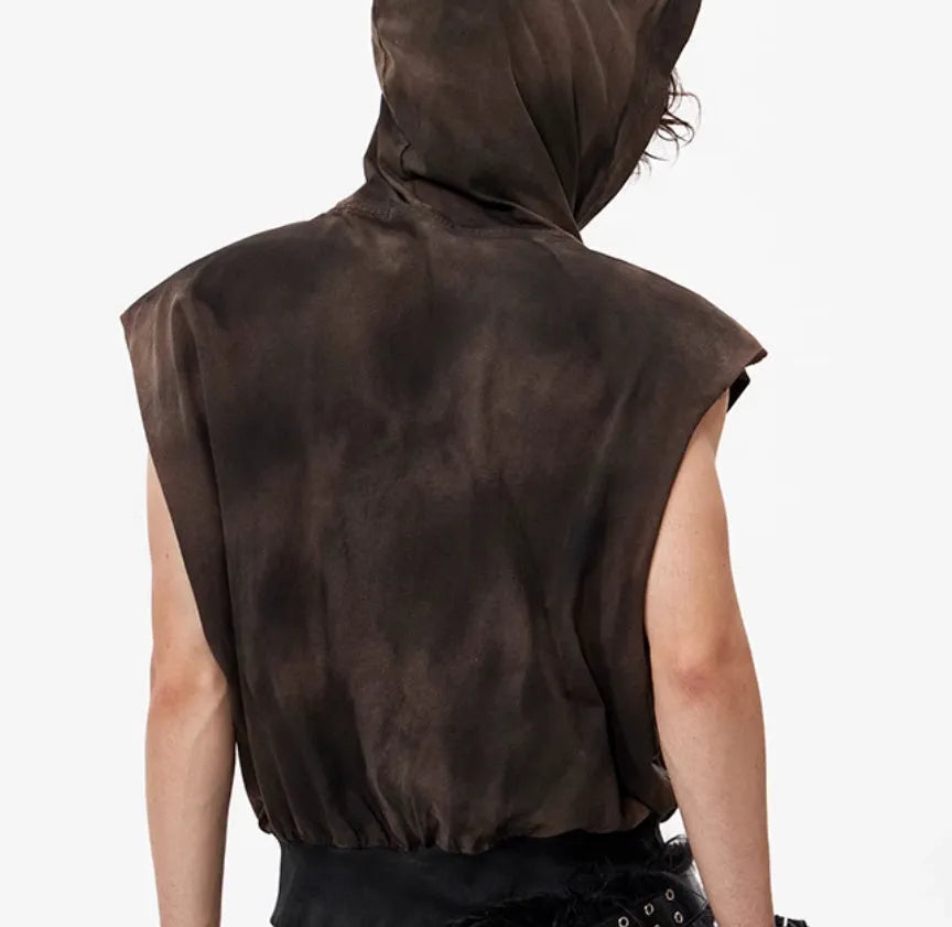 Khaki coloured short hood vest made of cotton fabric for teenagers, shown in size L.