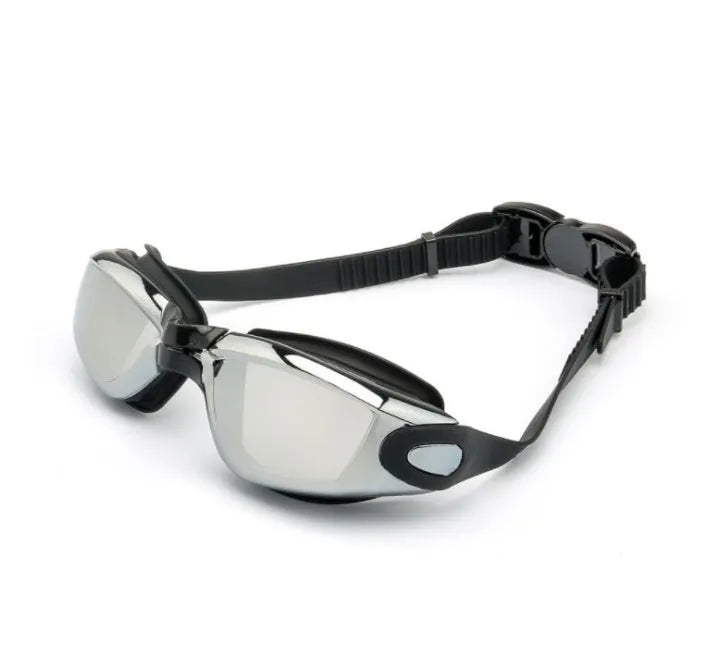 HD plating silicone anti-fog swimming goggles for adults, black, with polycarbonate lens and UV protection