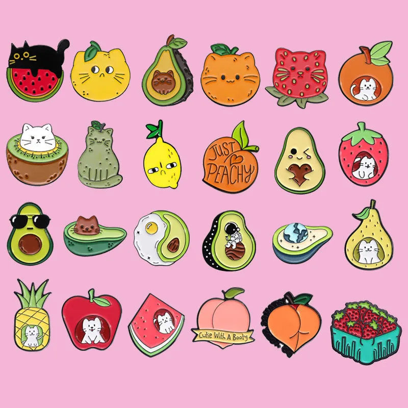 Colourful cartoon fruit design on a zinc alloy letter-shaped brooch pin.