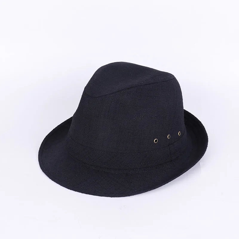 Men's black suit material fedora hat on a stand, showing classic brim shape.