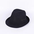 Men's black suit material fedora hat on a stand, showing classic brim shape.