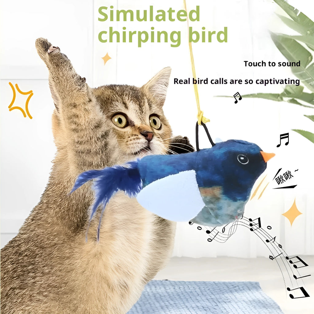 Plush squeaky bird cat toy in blue robin colour with vocal simulation for self-amusement