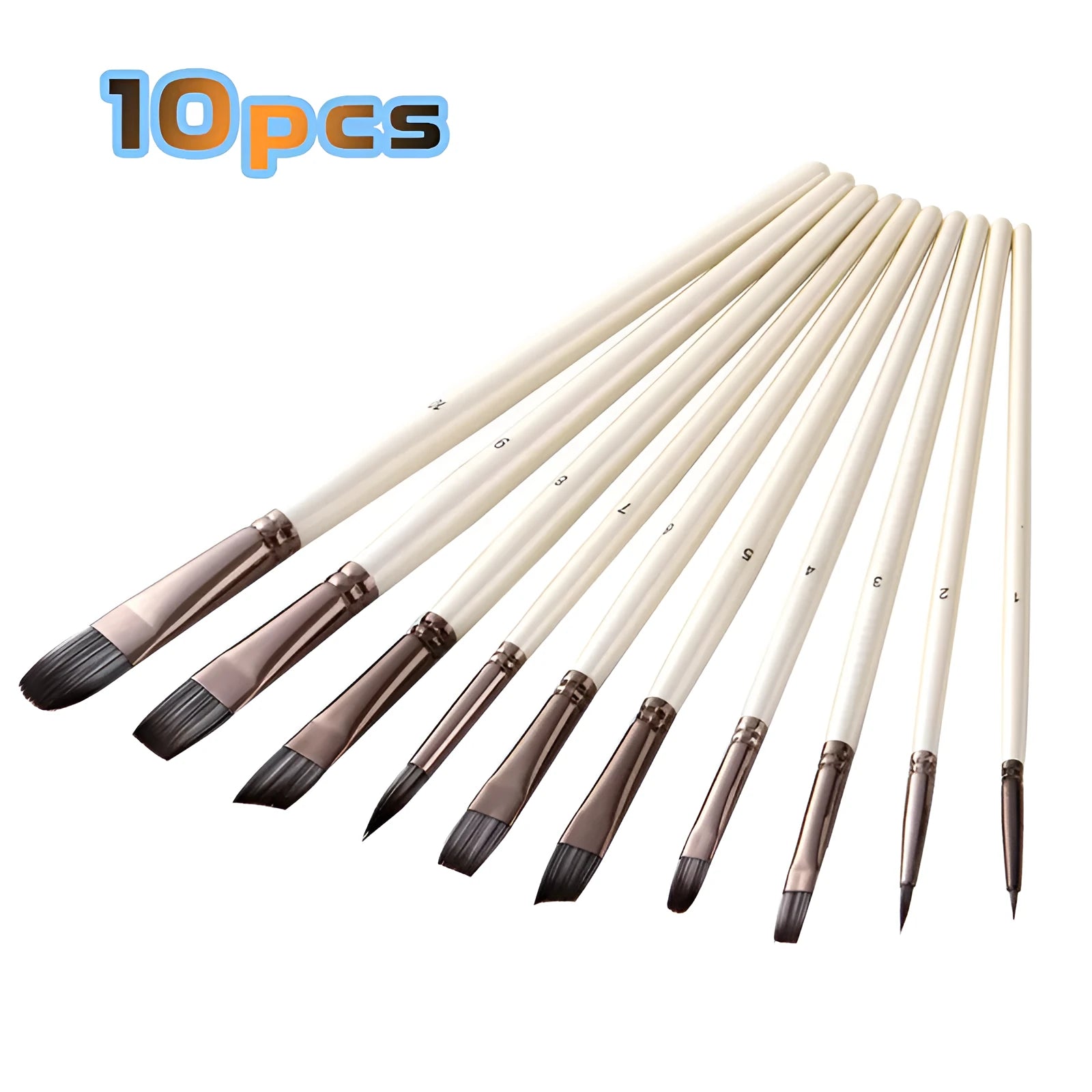 Ten pearl white nylon paint brushes with wooden handles in a clear PVC bag.