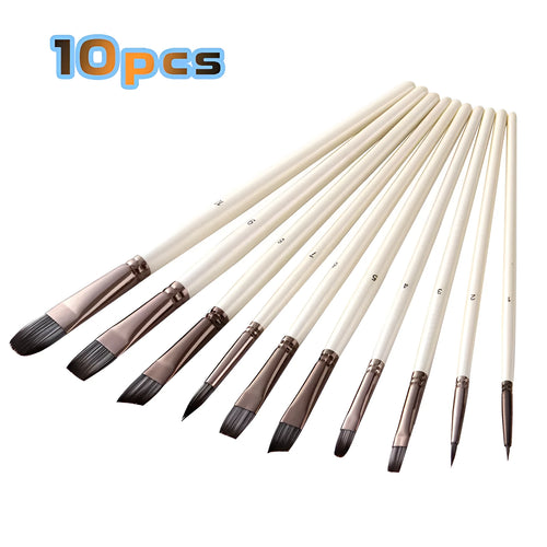 Ten pearl white nylon paint brushes with wooden handles in a clear PVC bag.