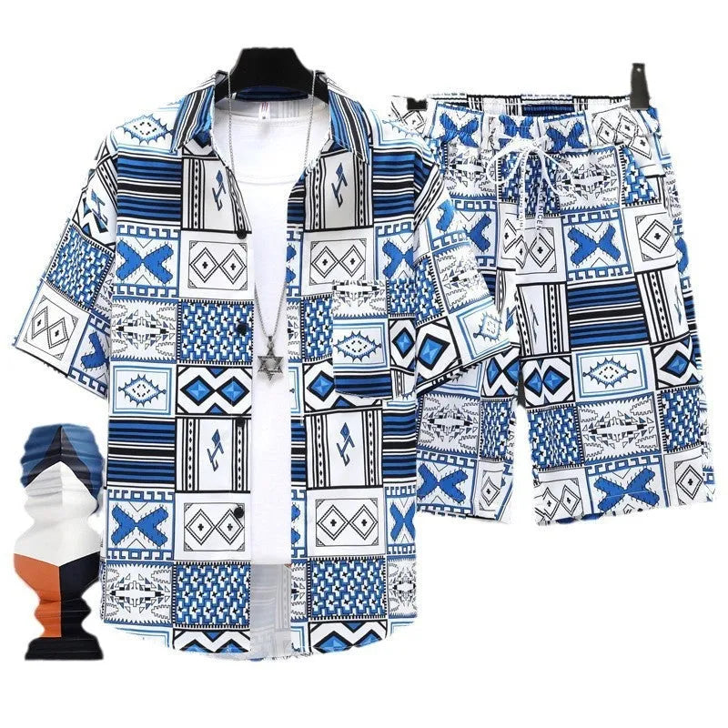 Men's casual sports shorts two-piece set in lightweight polyester, showing short sleeve top and matching shorts.