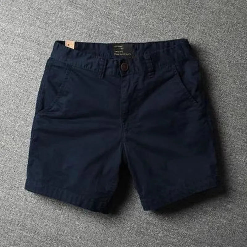 Men's straight-leg cotton casual shorts in camouflage green colour with zipper fly.