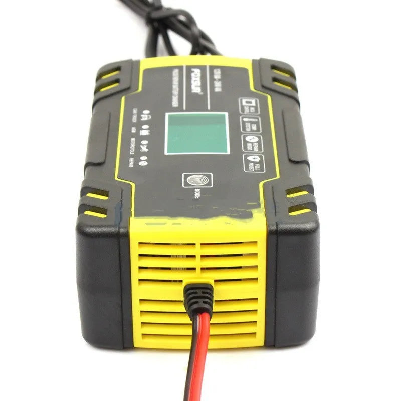 12V 24V automotive battery charger with digital screen display showing charging parameters