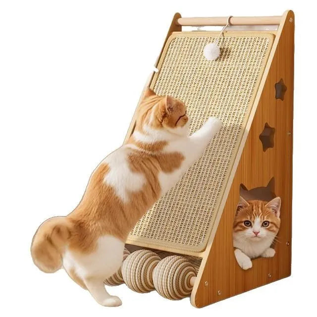 Vertical cat scratch board with sisal and hemp rope wrapped around a density board, featuring a cat teasing ball.