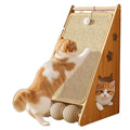 Vertical cat scratch board with sisal and hemp rope wrapped around a density board, featuring a cat teasing ball.
