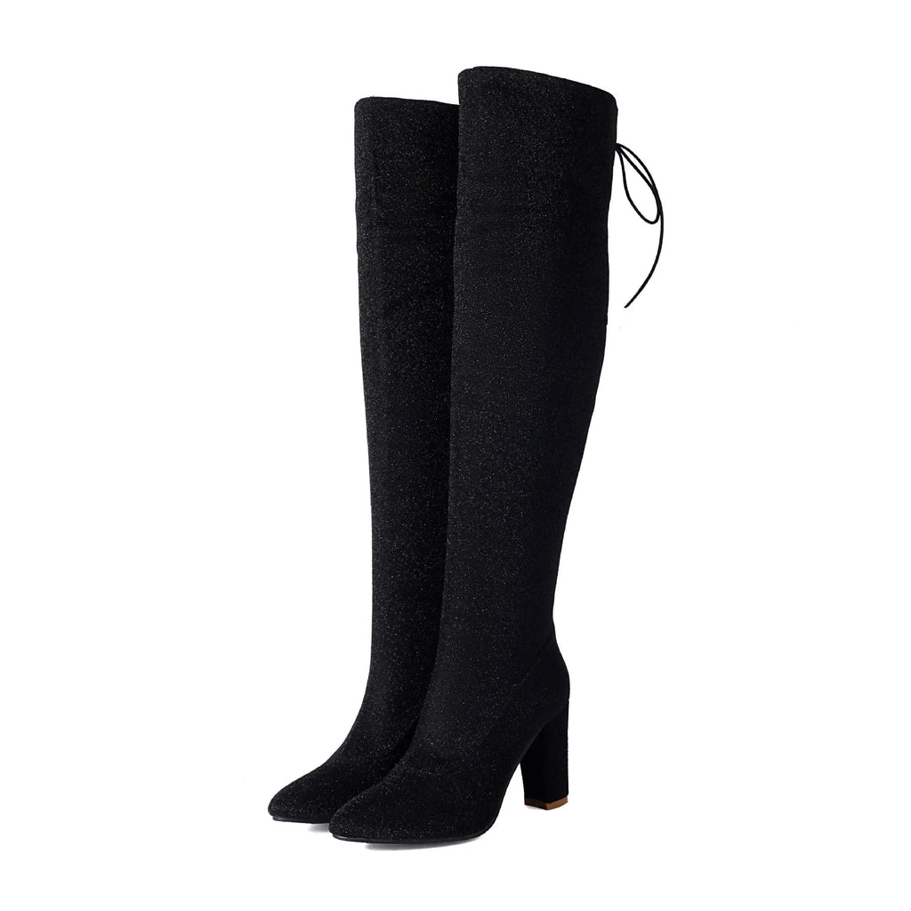 Over-the-knee suede leather high heel boots in red with pointed toe and side zipper, size EU 40-47