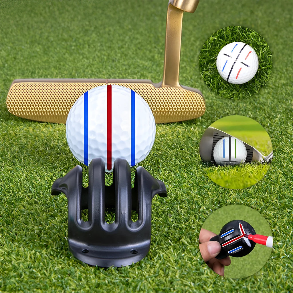 Plastic golf ball alignment scriber tool with drawing pens on a green.