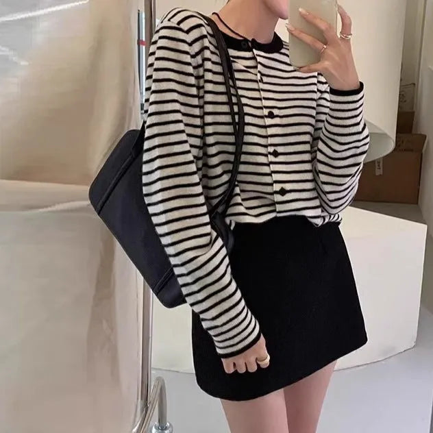 Dark grey and white striped women's cardigan coat with short 40cm length and slim fit.
