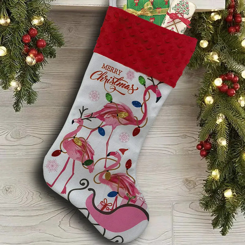 Flamingo-themed cloth Christmas stocking decoration measuring 46 by 28 centimetres