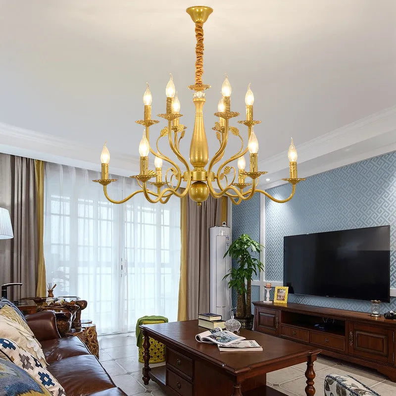 Black wrought iron candle crystal chandelier with 6 lights in a living room setting