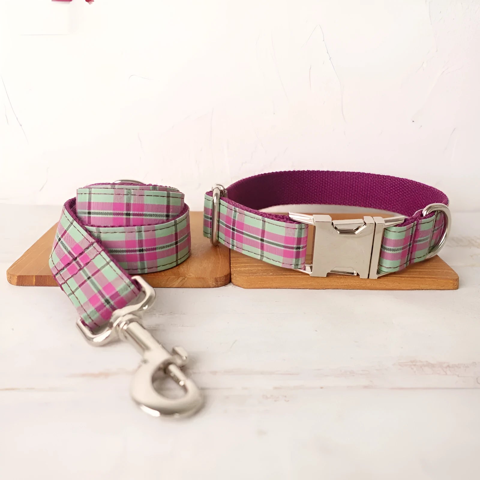 Mint zigezi coloured polyester dog collar and matching traction rope leash laid flat.