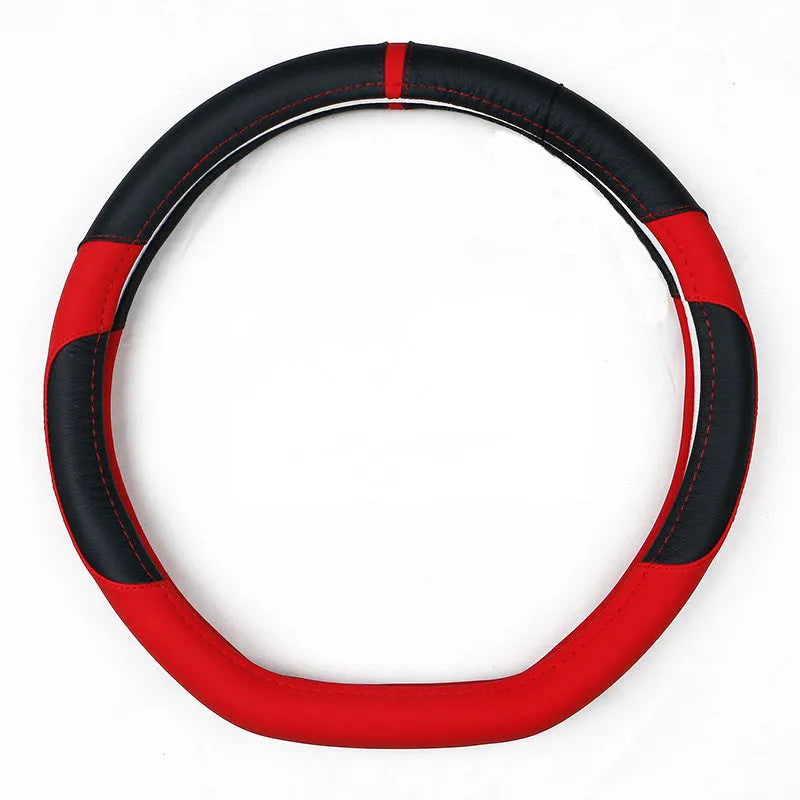 Universal leather steering wheel cover for 38cm diameter wheels in eight colour and style options