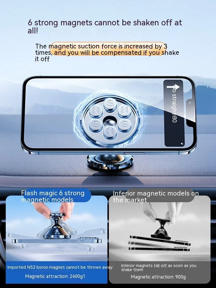 Shiny black magnetic car phone holder with adhesive dashboard mount on a car interior.