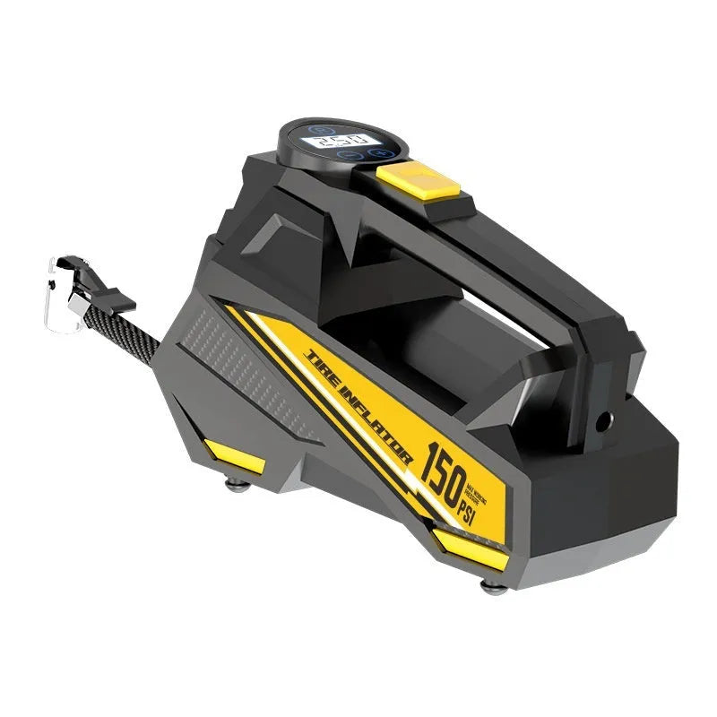 Black portable digital tyre inflator with LED light and 12V power cable.