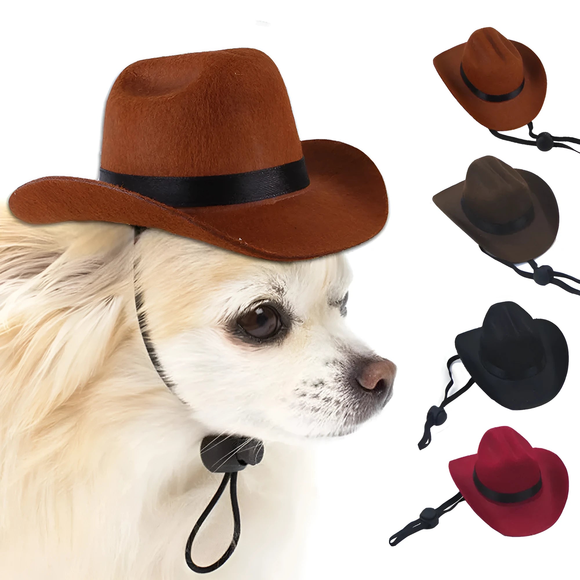 A brown adjustable cowboy hat for a dog or cat on a white background.