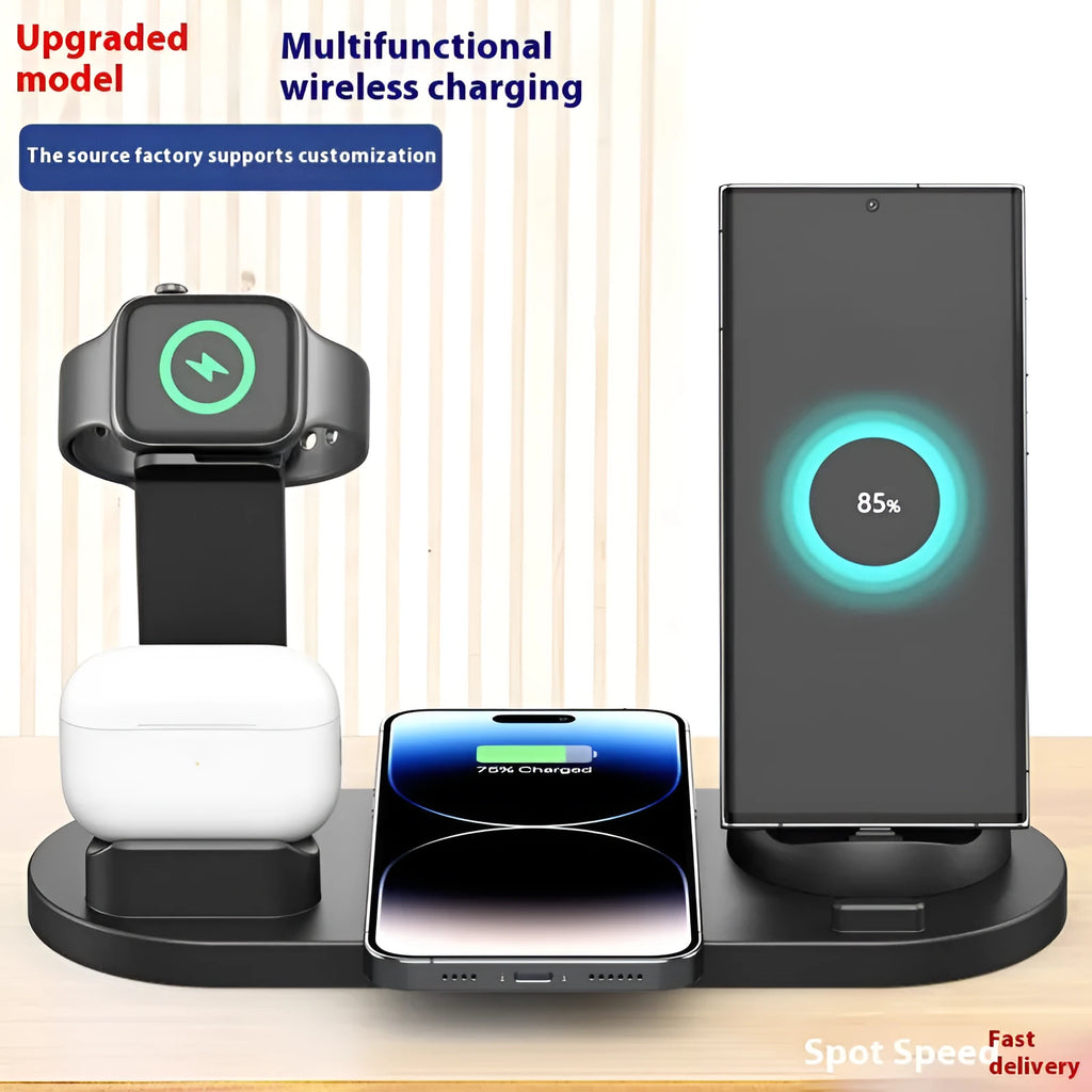 Black wireless charging stand holding a mobile phone and a smartwatch on a desk.