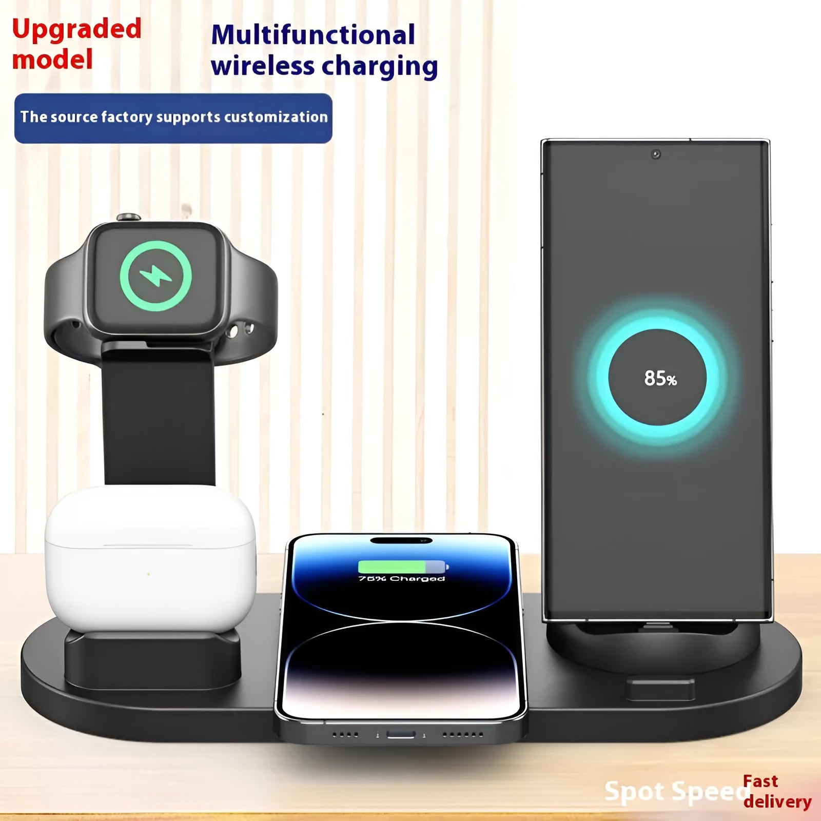 Black wireless charging stand holding a mobile phone and a smartwatch on a desk.