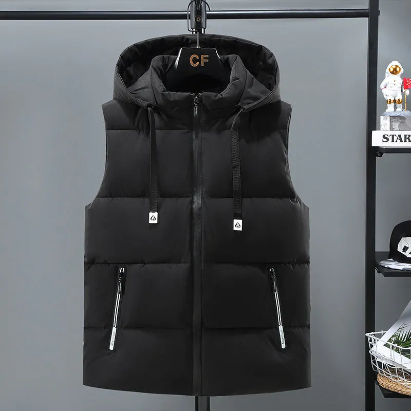 Men's black polyester vest with removable cap showing straight hem design and slant pockets
