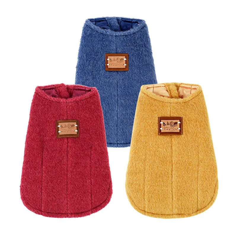 Small dog wearing blue Korean cashmere vest style cotton clothing for autumn and winter