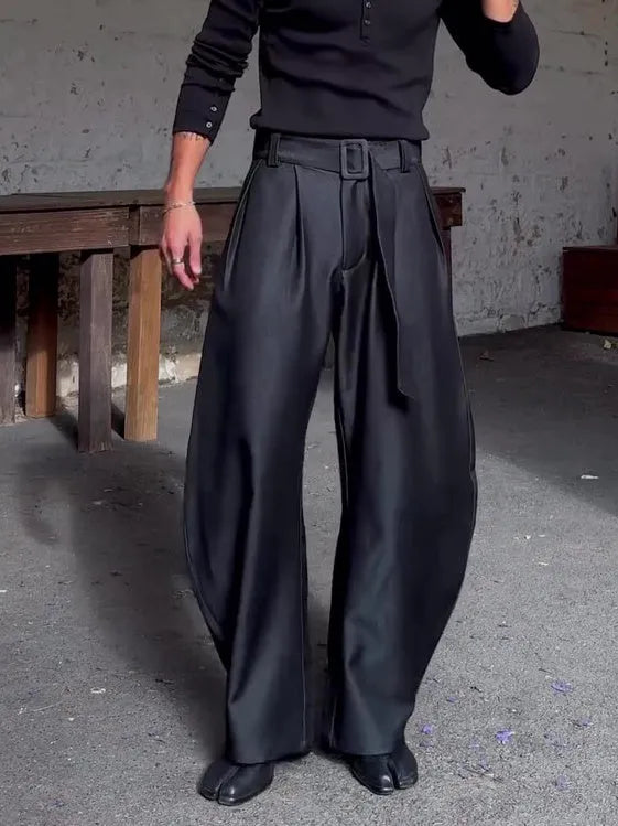 Black polyester oversized wide-leg pants with high-waisted belt, full-length, casual fit