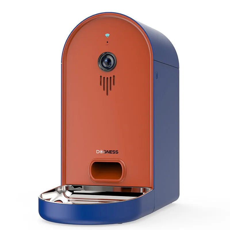 Smart automatic pet feeder for cats and dogs with remote monitoring, shown in Barbie Pink and Ivory White.