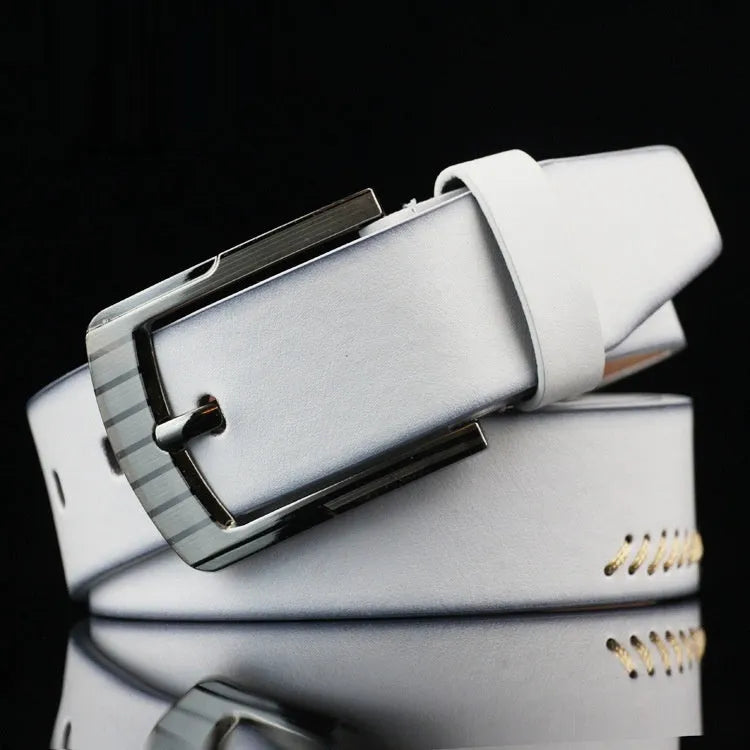 Men's threaded casual belt with alloy pin buckle in black, white, and brown colour options