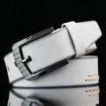 Men's threaded casual belt with alloy pin buckle in black, white, and brown colour options