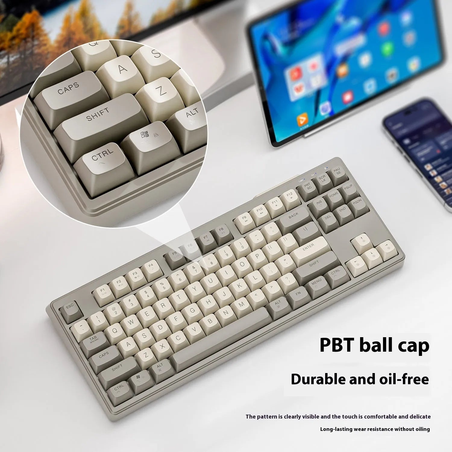 Wireless Bluetooth dual mode mechanical feeling keyboard in blueberry colour with USB receiver and cable