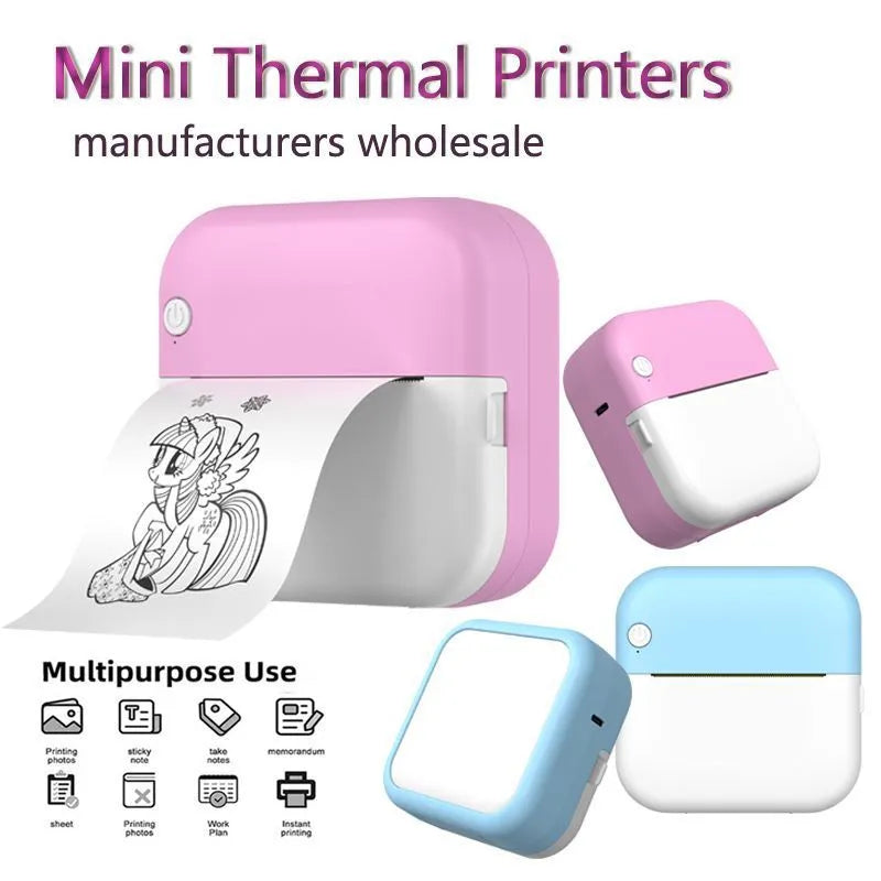 Student mini thermal label printer in blue with USB cable and paper roll