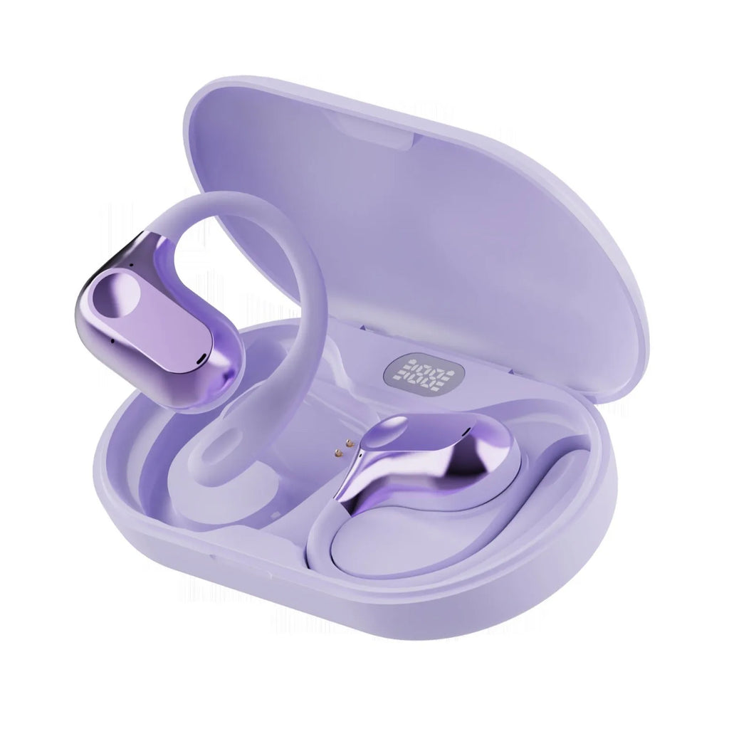 Ear-mounted bone conduction Bluetooth headset in ear-hanging clip design, black colour, with digital display, on a plain background