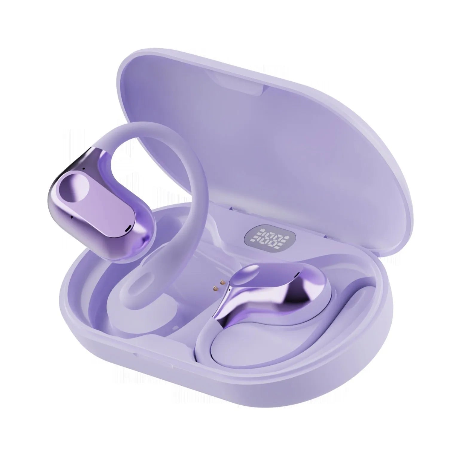 Ear-mounted bone conduction Bluetooth headset in ear-hanging clip design, black colour, with digital display, on a plain background
