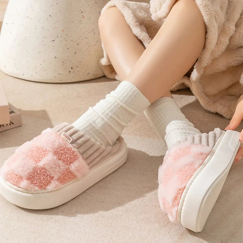 Women's plaid plush slippers with non-slip PVC soles in coffee, green, grey, pink or white colours