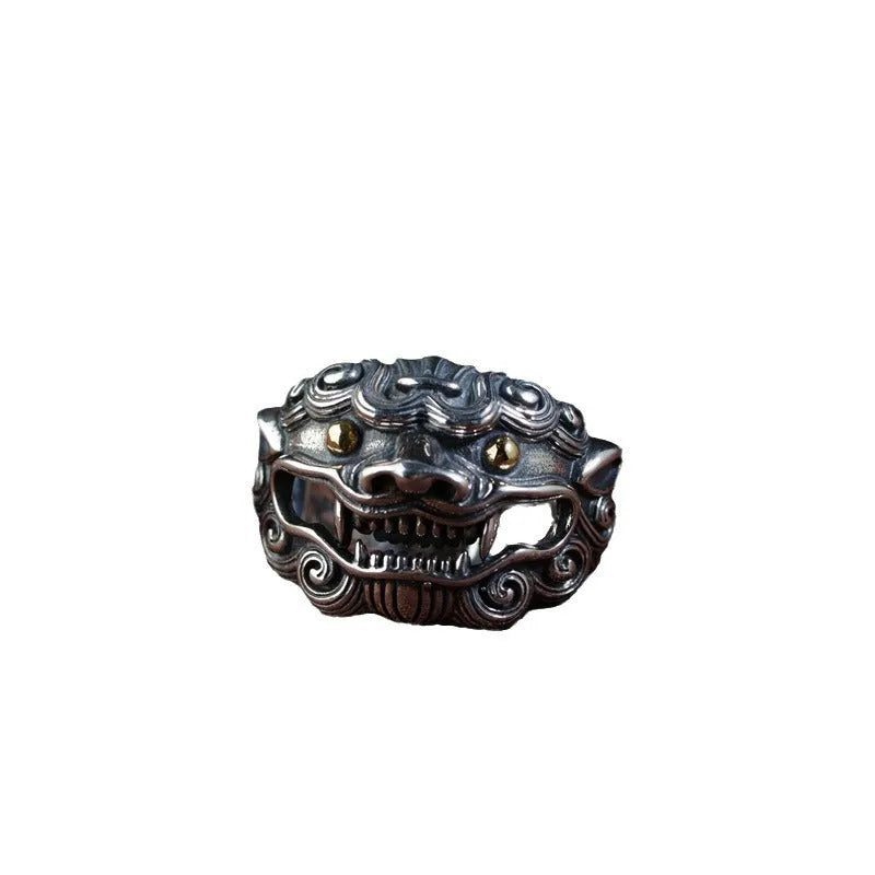 Silver open ring with a jibeast pattern, animal zodiac modelling, and a personalised diamond element.
